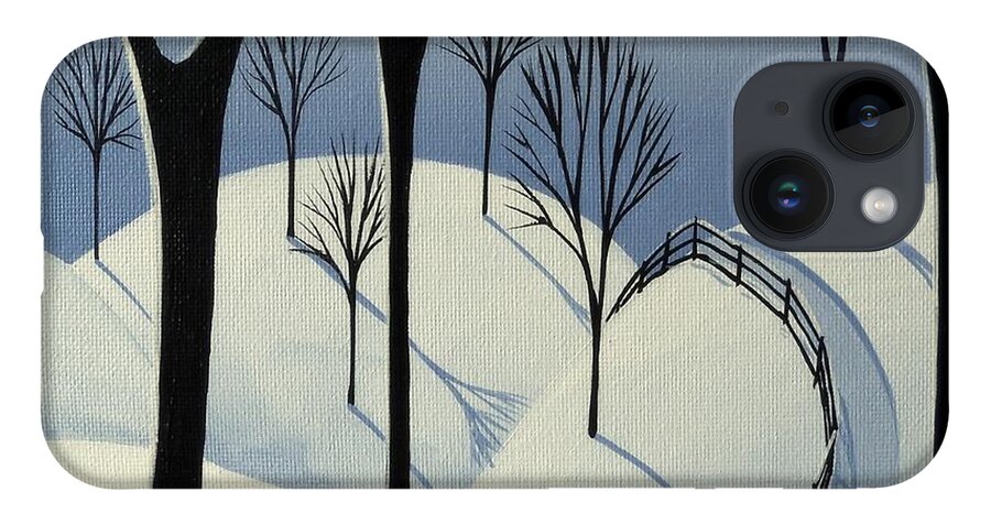 Folk Art iPhone 14 Case featuring the painting Country Winter Road - horse snow folk art by Debbie Criswell