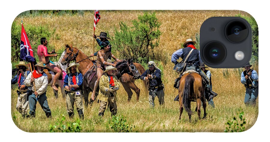 Little Bighorn Re-enactment iPhone 14 Case featuring the photograph Custer And His Troops Fighting The Indians 1 by Donald Pash