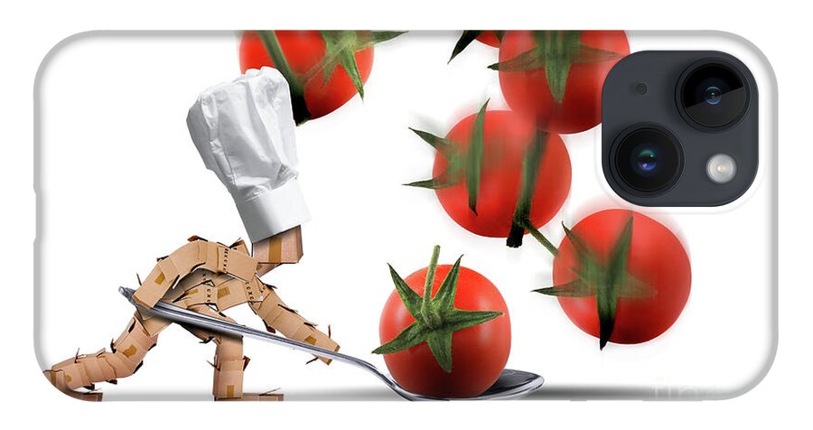 Kitchen iPhone 14 Case featuring the digital art Cute chef box character catching tomatoes by Simon Bratt