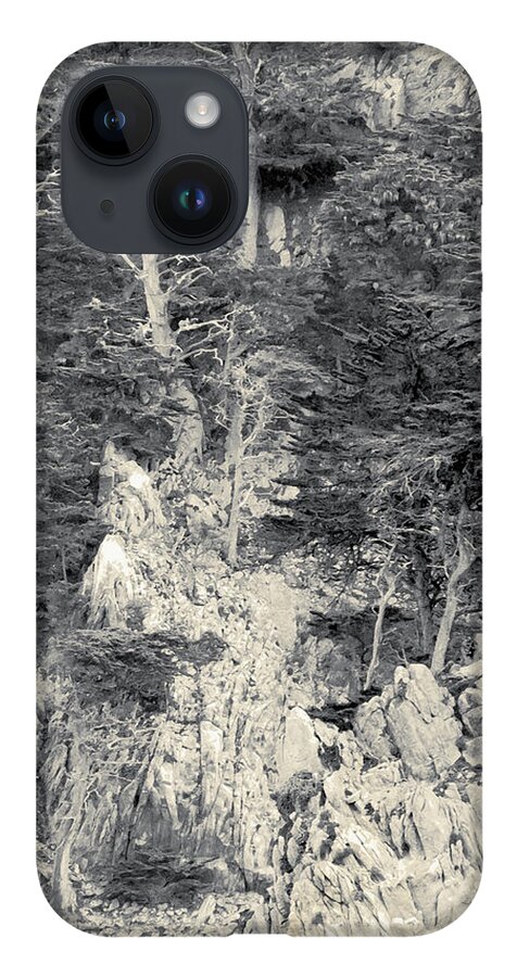 Cypress iPhone Case featuring the digital art Cypress Strewn Cliff, Carmel Bay, Point Lobos, State Park Carmel, California by Kathy Anselmo