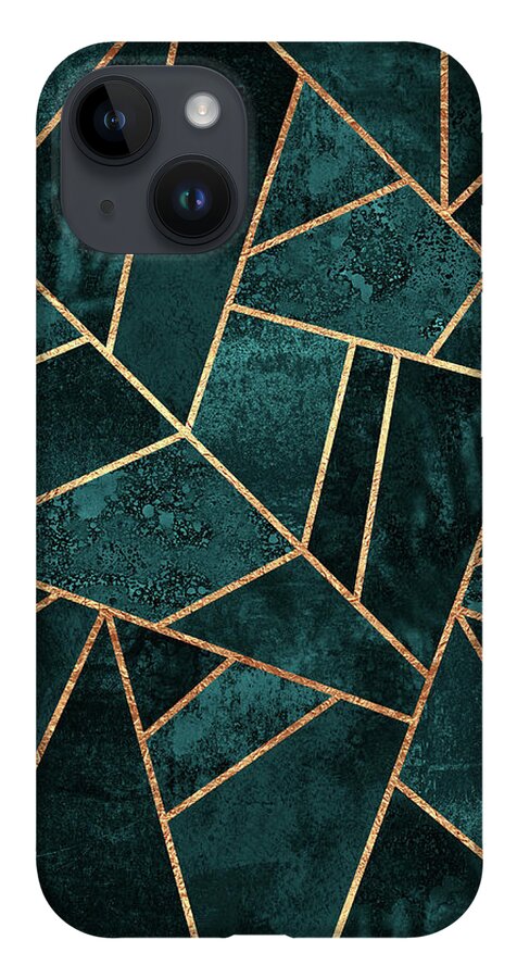 Abstract iPhone 14 Case featuring the digital art Deep Teal Stone by Elisabeth Fredriksson