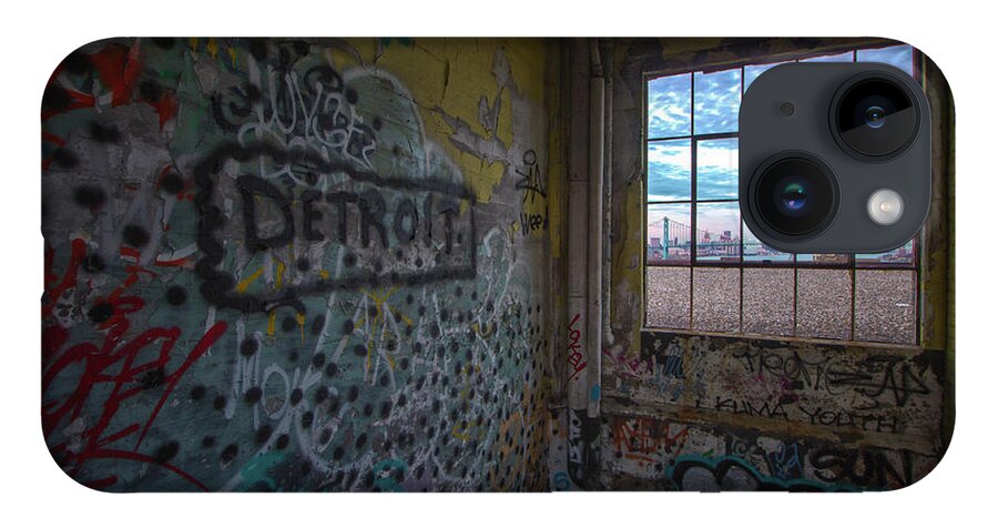 Urbex iPhone 14 Case featuring the photograph Detroit skyline through the Harbor Terminal... by Jay Smith