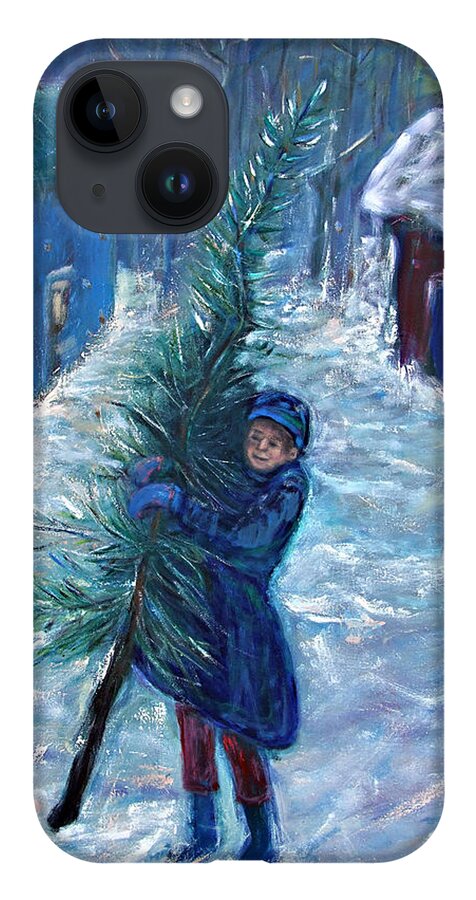Katt Yanda Original Art Winter Snow Village Town Landscape Oil Painting Canvas Little Boy Holding Christmas Tree iPhone 14 Case featuring the painting Dickens Tale by Katt Yanda