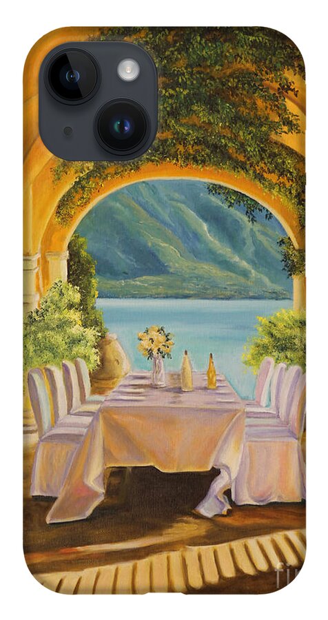 Lake Como Artwork iPhone 14 Case featuring the painting Dining on Lake Como by Charlotte Blanchard