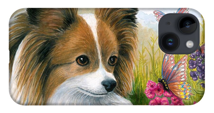 Dog iPhone 14 Case featuring the painting Dog 123 Papillon by Lucie Dumas