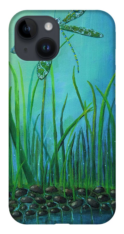 Dragon Fly iPhone 14 Case featuring the painting Dragonfly at the Bay by Mindy Huntress