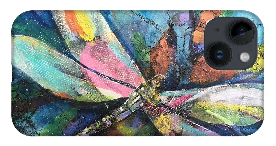 Multicolor iPhone 14 Case featuring the painting Dragonfly Voyager by Midge Pippel