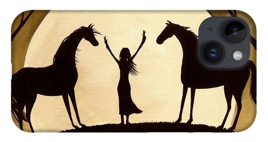 Silhouette iPhone 14 Case featuring the painting Eastern Breeze - horse moon silhouette by Debbie Criswell