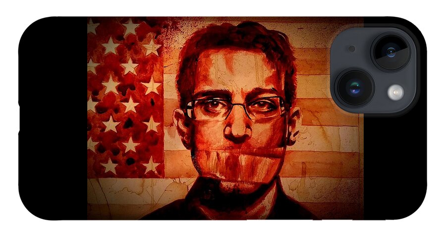 Ryan Almighty iPhone 14 Case featuring the painting EDWARD SNOWDEN portrait fresh blood by Ryan Almighty