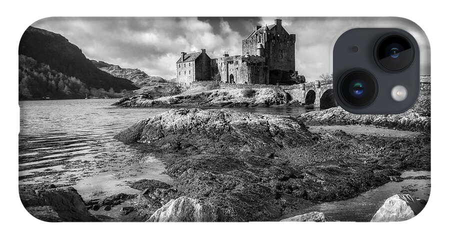 Eilean Donan iPhone 14 Case featuring the photograph Eilean Donan Castle in black and white by Holly Ross