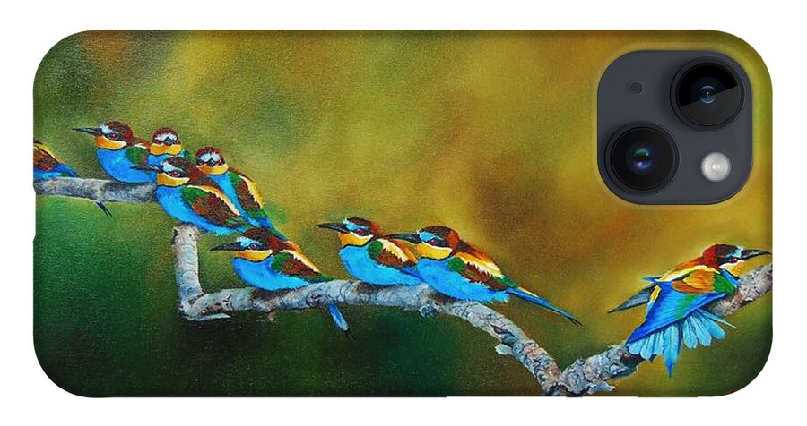 Birds iPhone 14 Case featuring the painting European Bee Eaters by Dana Newman