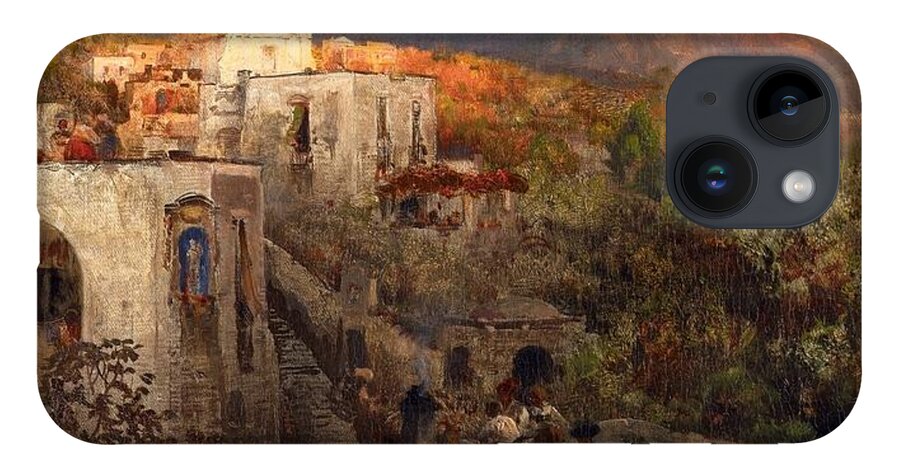 Oswald Achenbach iPhone 14 Case featuring the painting Evening In Ischia With View On The Monte Epomeo by MotionAge Designs