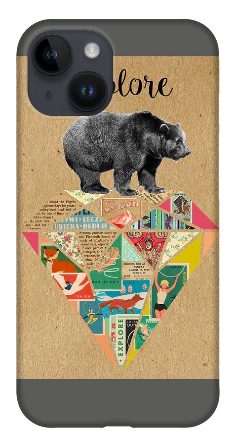 Explore iPhone Case featuring the mixed media Explore Bear by Claudia Schoen