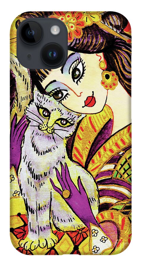 Woman And Cat iPhone 14 Case featuring the painting Feline Rhapsody by Eva Campbell