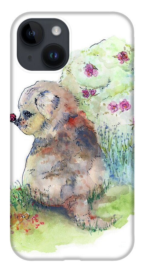 Mini Australian Shepherd iPhone 14 Case featuring the painting First Contact by Lauren Heller