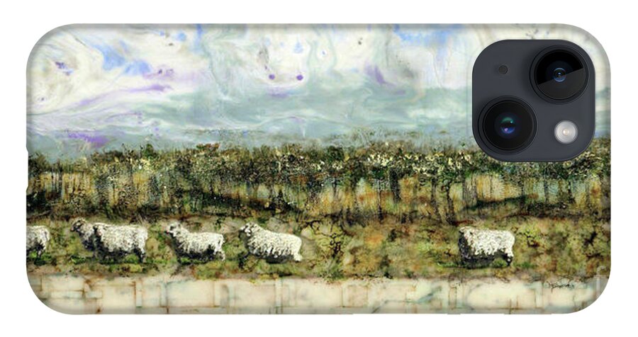 Sheep iPhone 14 Case featuring the painting Follow the Leader by Laurie Tietjen