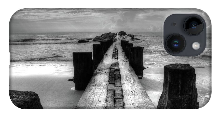 Folly Beach Pilings iPhone 14 Case featuring the photograph Folly Beach Pilings Charleston South Carolina In Black and White by Carol Montoya