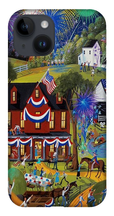 Farm iPhone 14 Case featuring the painting Fourth Of July - Fireworks on the farm by Debbie Criswell