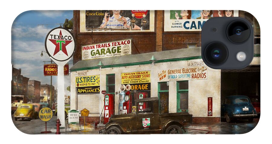 Signs iPhone 14 Case featuring the photograph Gas Station - Benton Harbor MI - Indian Trails gas station 1940 by Mike Savad