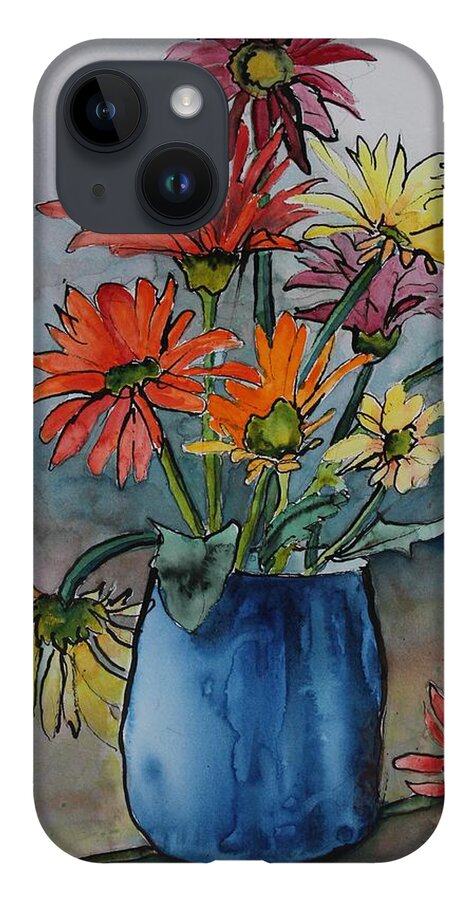 Flowers iPhone 14 Case featuring the painting Gerberas in a Blue Pot by Ruth Kamenev