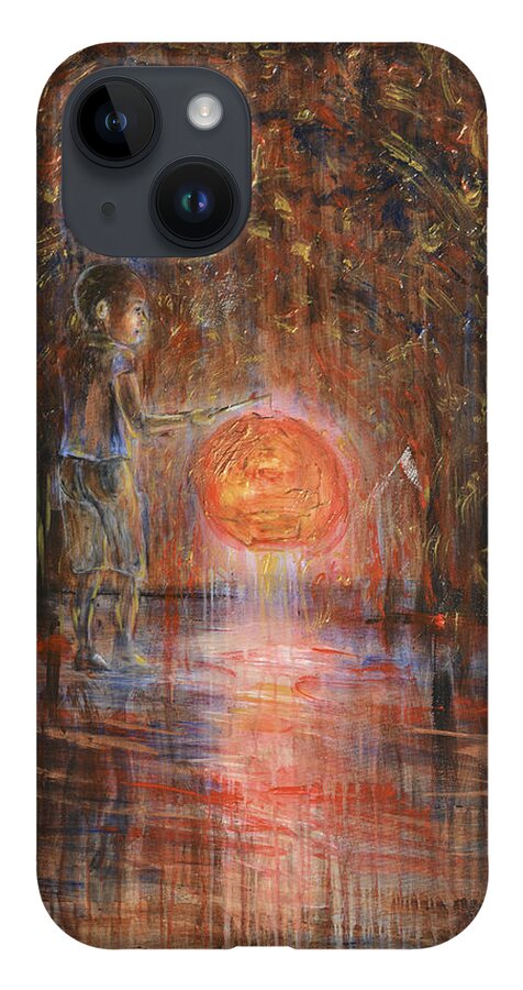 Child iPhone 14 Case featuring the painting Glow in the Dark by Nik Helbig