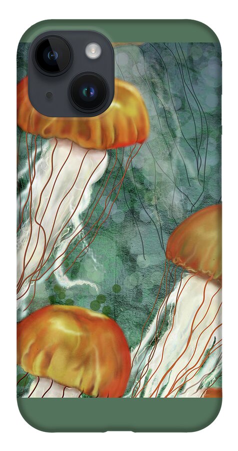 Jellyfish iPhone 14 Case featuring the digital art Golden Jellyfish in Green Sea by Sand And Chi