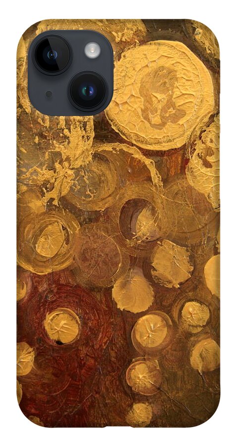 Gold iPhone 14 Case featuring the painting Golden Rain Abstract by Kristen Abrahamson