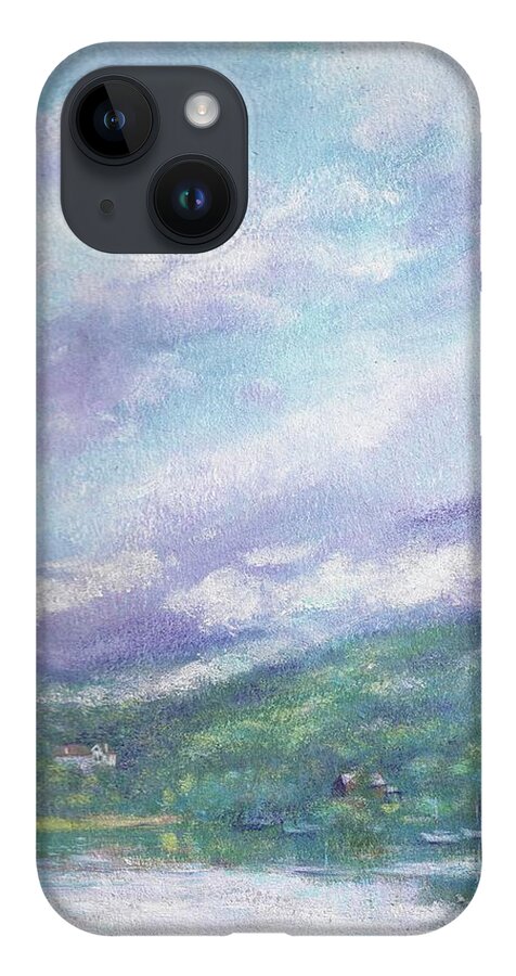Gorgeous Cloudscape iPhone 14 Case featuring the painting Gorgeous Lake Landscape by Judith Cheng