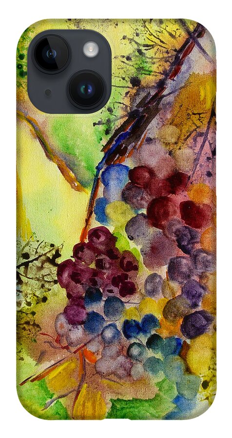 Watercolor iPhone 14 Case featuring the painting Grapes and Leaves III by Karen Fleschler