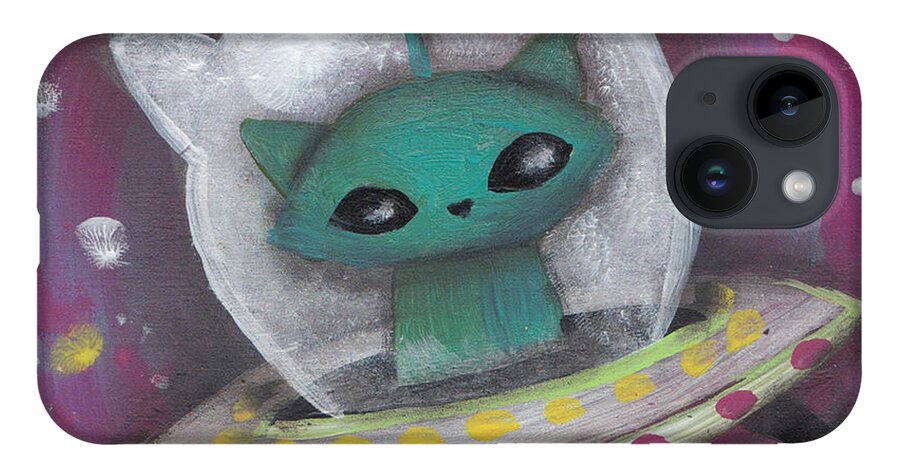 Mid Century Modern iPhone 14 Case featuring the painting Green Alien Cat by Abril Andrade