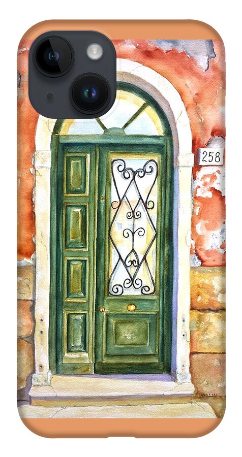 Door iPhone 14 Case featuring the painting Green Door in Venice Italy by Carlin Blahnik CarlinArtWatercolor