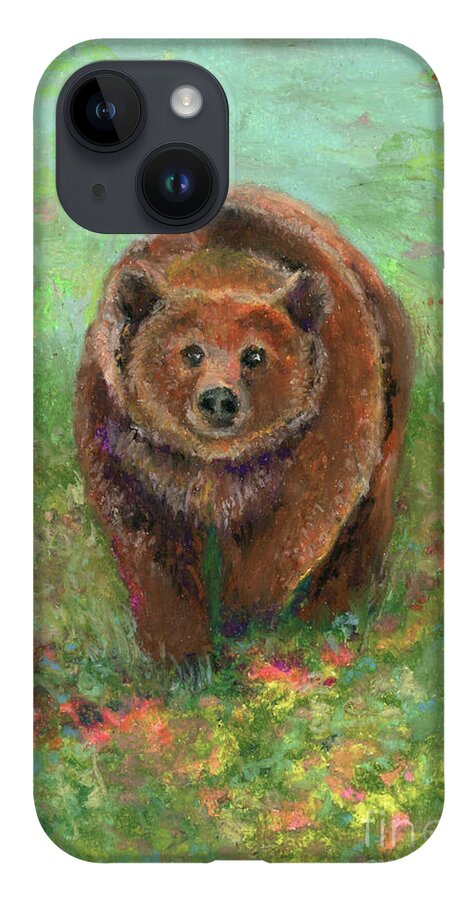 Grizzly iPhone 14 Case featuring the pastel Grizzly in the Meadow by Lauren Heller