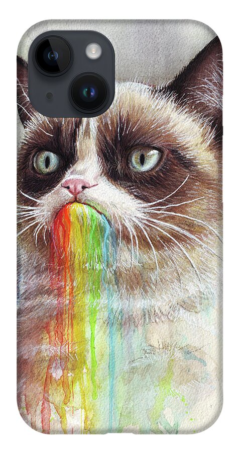 Grumpy Cat iPhone 14 Case featuring the painting Grumpy Cat Tastes the Rainbow by Olga Shvartsur