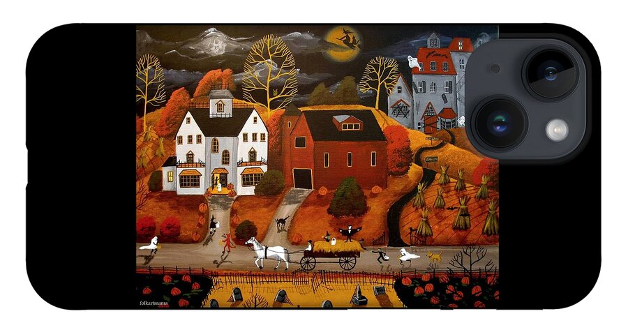 Folk Art iPhone 14 Case featuring the painting Halloween Hay Ride - a folkartmama - folk art by Debbie Criswell