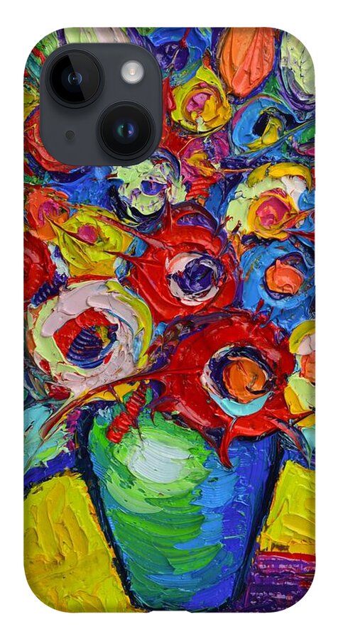 Abstract iPhone Case featuring the painting Happy Bouquet Of Poppies And Colorful Wildflowers On Round Yellow Table Impasto Abstract Flowers by Ana Maria Edulescu