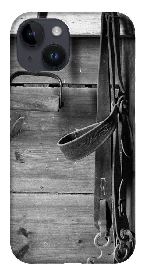 Black And White iPhone 14 Case featuring the photograph Hay Hook and Harness by Jeff Phillippi