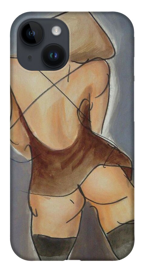 Striptease iPhone 14 Case featuring the drawing Helena, brown shift by Peregrine Roskilly