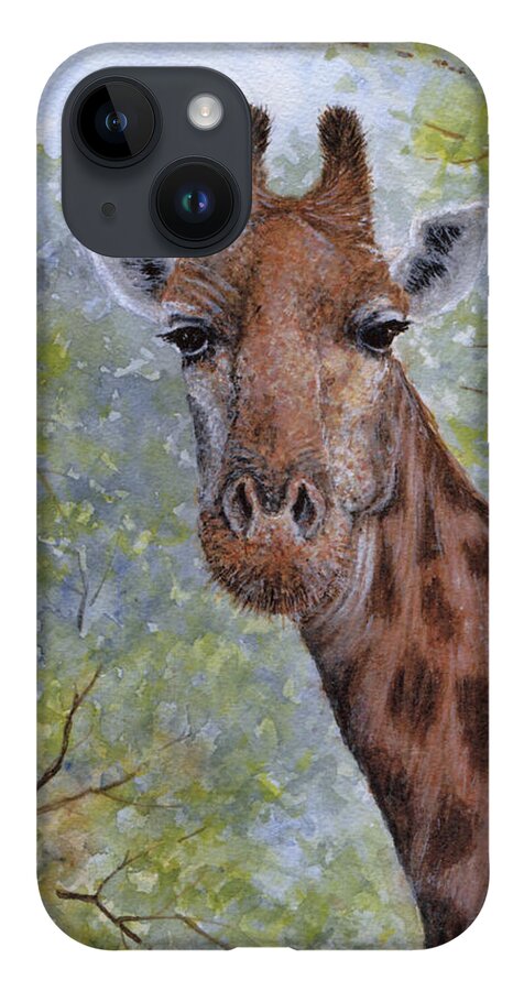 Giraffe iPhone 14 Case featuring the painting Here's Looking at You by June Hunt