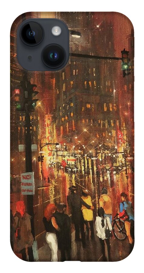 ; Christmas Shopping iPhone 14 Case featuring the painting Holiday Shoppers by Tom Shropshire