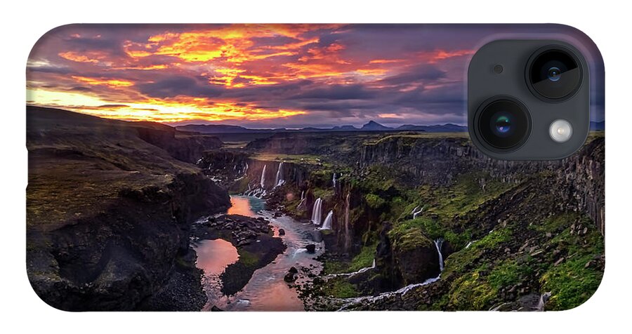 Iceland iPhone 14 Case featuring the photograph Sunrise explodes at Hrauneyjafoss by Usha Peddamatham