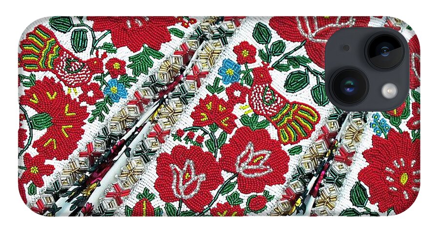 Hungarian iPhone 14 Case featuring the photograph Hungarian Beaded Emboidery from Kalotaszeg Photograph Print by Andrea Lazar