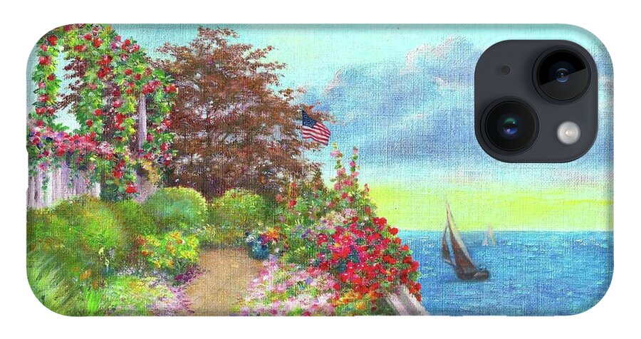 Sea-inspired iPhone 14 Case featuring the painting Illustrated Beach Cottage Water's Edge by Judith Cheng