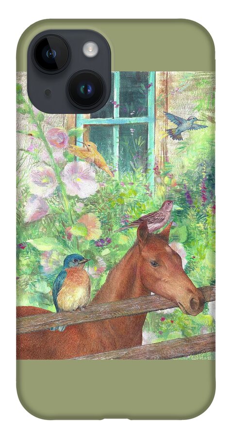 For Horse Lover iPhone 14 Case featuring the painting Illustrated Horse and Birds in Garden by Judith Cheng