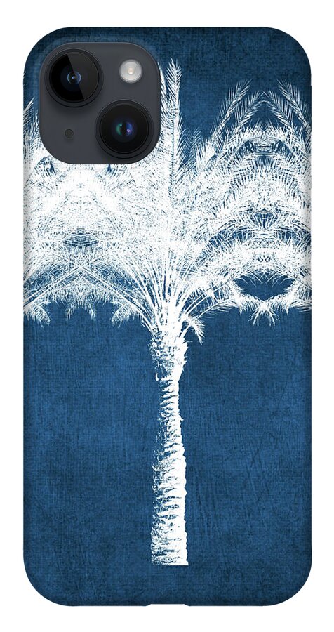 Palm Tree iPhone 14 Case featuring the mixed media Indigo And White Palm Trees- Art by Linda Woods by Linda Woods