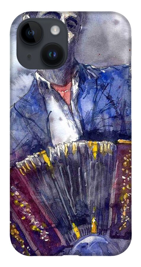 Jazz iPhone 14 Case featuring the painting Jazz Concertina player by Yuriy Shevchuk