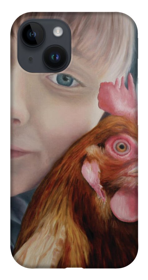 Boy; Chicken; Friendship; Caring; Camouflage; Contemplation iPhone 14 Case featuring the painting Johnathan by Marg Wolf