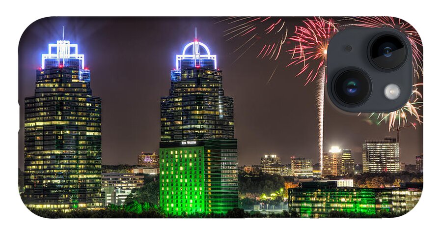 Sandy Springs iPhone 14 Case featuring the photograph King And Queen Buildings Fireworks by Anna Rumiantseva