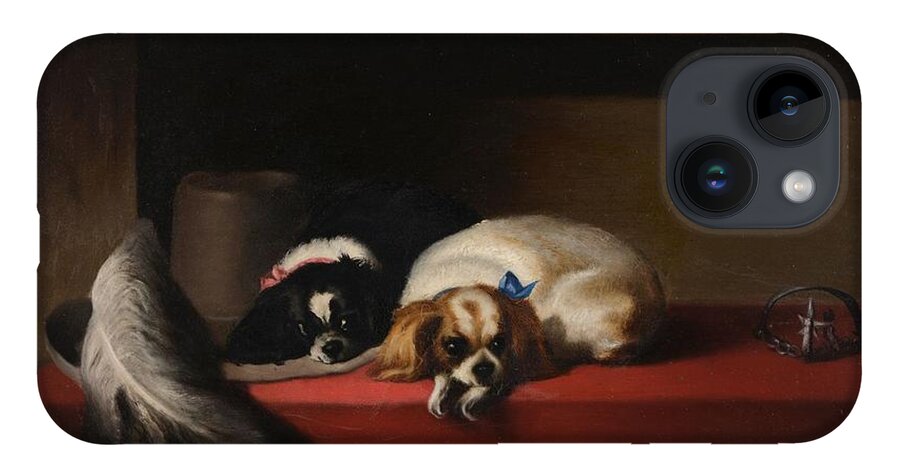 After Sir Edwin Henry Landseer (1802-1873) King Charles Spaniels (�the Cavalier�s Pets�) Home iPhone 14 Case featuring the painting King Charles Spaniels by Edwin Henry Landseer