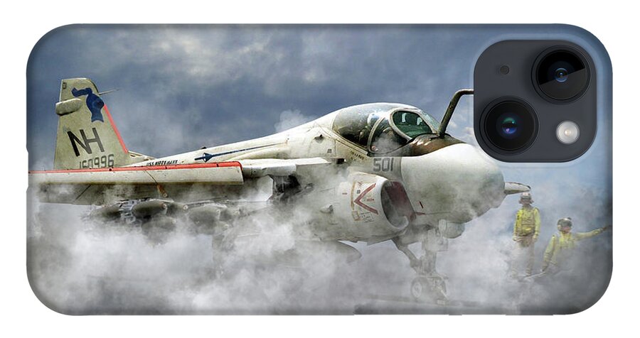 A Grumman A6 Intruder From Va-52 The 'knight Riders Ready For Launch From The Uss Kitty Hawk iPhone Case featuring the digital art Knight Riders by Airpower Art