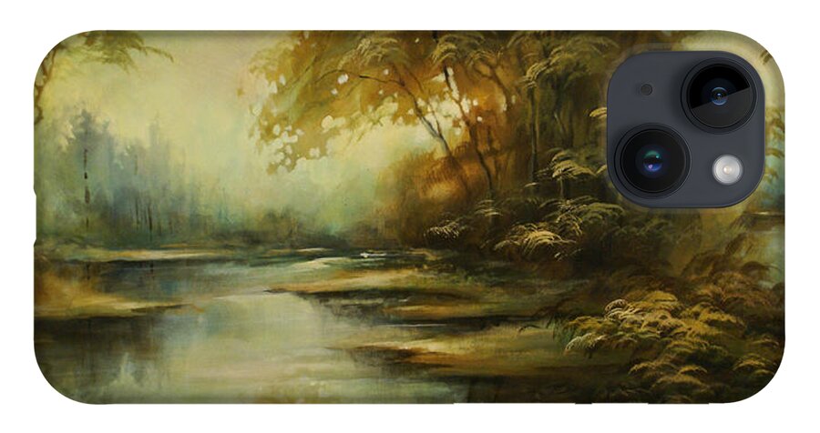 Landscape Woods River Creek Sunrise Sunset Quiet Moody Relaxing Trees Still iPhone 14 Case featuring the painting Landscape 9 by Michael Lang